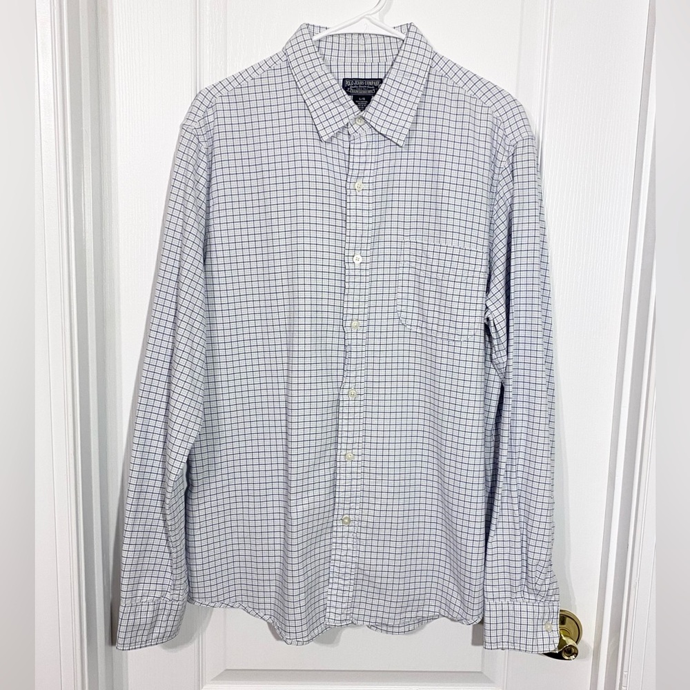 Y2K Polo Jeans Co Ralph Lauren Plaid Button Down Shirt Blue White Men’s Large